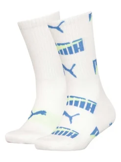 Chaussettes hautes blanches brodées au nom de la marque bleu et jaune
