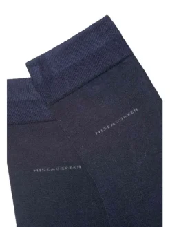 Chaussettes hautes bleues marine unies avec nom de la marque en gris anthracite