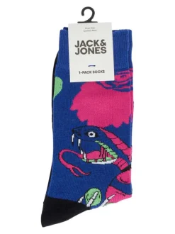 Chaussettes hautes bleues avec un imprimé de serpent rose et vert