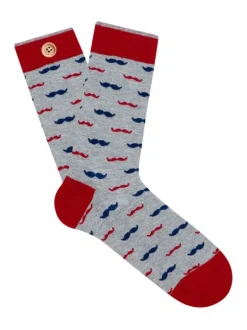 Chaussettes hautes en coton biologique mélangé grises à motifs moustaches