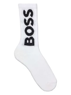 Chaussettes hautes en coton mélangé blanches unie avec gros logo noir