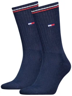 Chaussettes hautes en coton mélangé marine unies avec un logo à la cheville