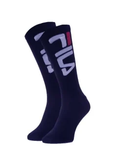 Chaussettes hautes marine avec le nom de la marque brodé sur le coté