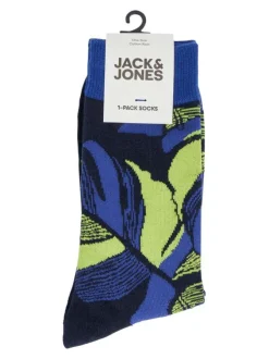 Chaussettes hautes noires à imprimé fleuri vert et bleu et haut de la tige en bord côte