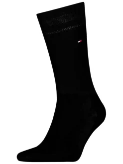 Chaussettes hautes noires unies avec haut en bord-côte et logo de la marque
