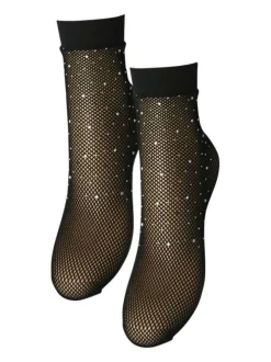 Chaussettes à coupe haute en toile noire et à strass argentés