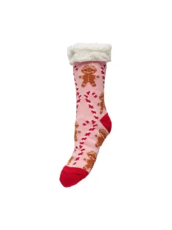 Chaussettes fourrées mi-hautes roses à motifs pains d'épice et sucres d'orge