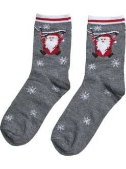Chaussettes grises imprimées sur le thème hivernal et avec une coupe haute