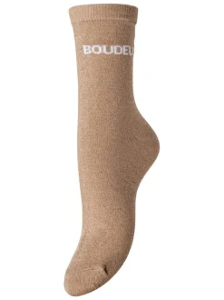Chaussettes hautes beiges avec texte imprimé et du fil lurex
