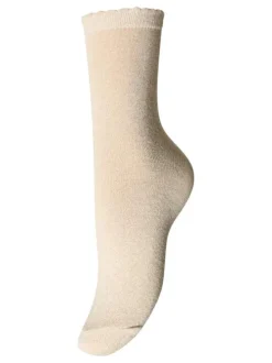Chaussettes hautes beige unies avec découpe de vague sur le haut en lurex