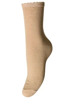 Chaussettes hautes beige unies en lurex avec découpe de vague sur le haut