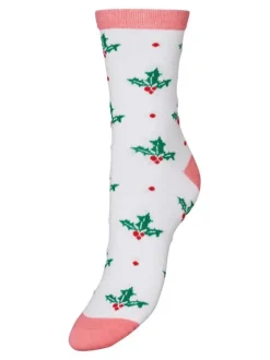 Chaussettes hautes blanches, vertes et rouges avec un imprimé houx