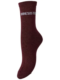 Chaussettes hautes bordeaux avec texte imprimé et du fil lurex