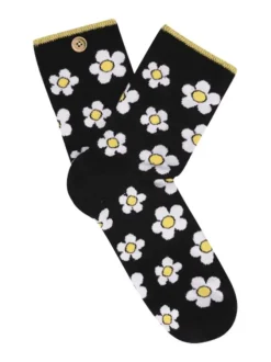 Chaussettes hautes en coton biologique mélangé noires à motif pâquerettes