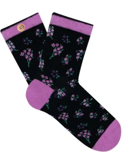 Chaussettes hautes en coton biologique mélangé noires à motifs de fleurs