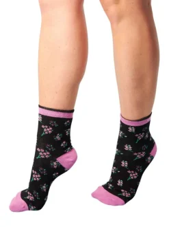 Chaussettes hautes en coton biologique mélangé noires à motifs de fleurs