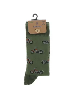 Chaussettes hautes en coton mélangé vertes avec motos Harley et détails kakis