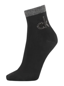 Chaussettes hautes grises unies coupe mi-haute avec logo en strass