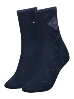 Chaussettes hautes marine à motifs gris et à petit logo brodé sur le côté