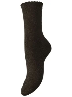 Chaussettes hautes marron unies avec du fil lurex et bord festonné