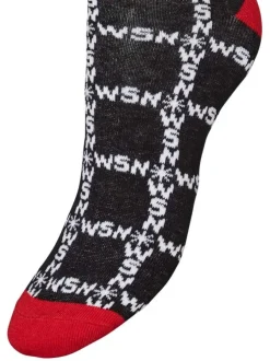 Chaussettes noires, blanches et rouge avec inscriptions et une coupe haute
