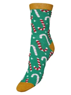 Chaussettes vertes à coupe haute à imprimé canne à sucre de Noël