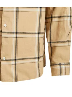 Chemise beige à carreaux en coton avec une coupe droite et un col français