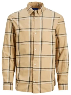 Chemise beige à carreaux en coton avec une coupe droite et un col français