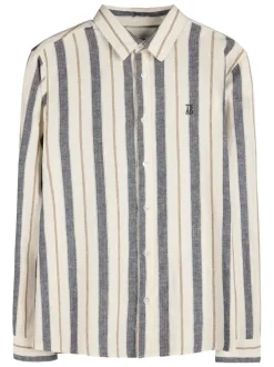 Chemise beige et grise en lin et coton ornée d'un motif à rayures