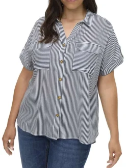 Chemise blanche et marine à coupe droite pourvue d'un col v à revers