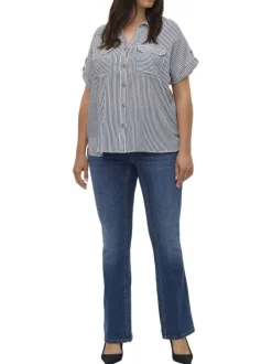 Chemise blanche et marine à coupe droite pourvue d'un col v à revers