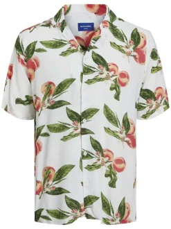 Chemise blanche fleuri coupe ajustée col à cran et à manches courtes