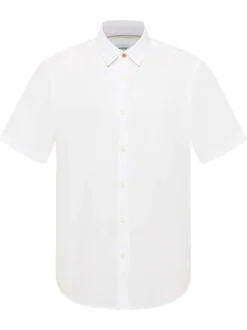 Chemise blanche unie en coton et lin mélangé avec une coupe droite