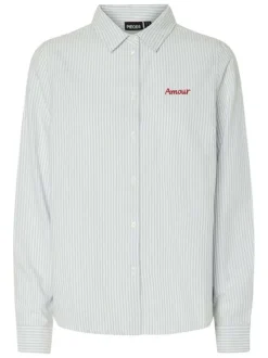 Chemise bleu argenté rayée en coton avec boutonnière à l'avant