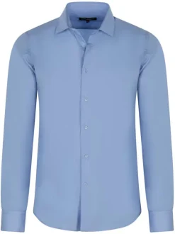 Chemise bleu ciel unie avec une coupe ajustée un col italien et des manches longues