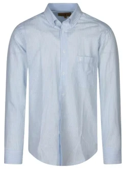 Chemise bleue claire en lin à rayures avec une coupe droite et un col américain