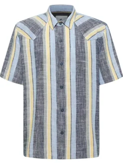 Chemise bleue à rayures pourvue de manches courtes et d'une coupe droite