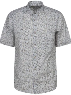 Chemise bleue tachetée en cuir à coupe droite un col français et des manches courtes