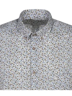 Chemise bleue tachetée en cuir à coupe droite un col français et des manches courtes