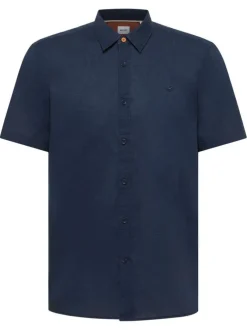 Chemise bleue unie en coton et lin mélangé avec une coupe droite