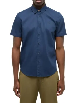 Chemise bleue unie en coton et lin mélangé avec une coupe droite