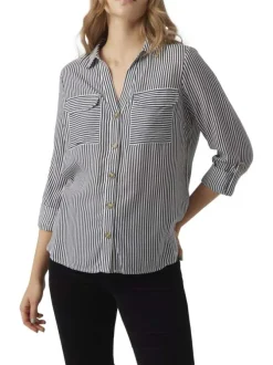 Chemise bleu rayée à coupe droite col italien et à manches longues