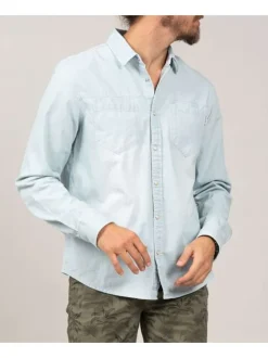 Chemise ciel en coton rayée à coupe droite, col italien et manches longues