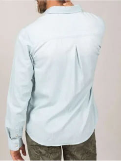 Chemise ciel en coton rayée à coupe droite, col italien et manches longues