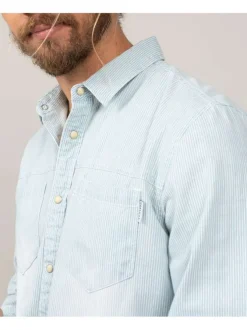 Chemise ciel en coton rayée à coupe droite, col italien et manches longues
