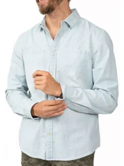 Chemise ciel en coton rayée à coupe droite, col italien et manches longues