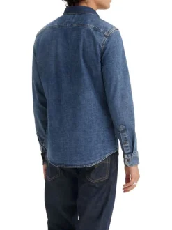Chemise denim en coton mélangé bleue unie avec une coupe slim et le logo brodé