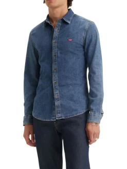 Chemise denim en coton mélangé bleue unie avec une coupe slim et le logo brodé