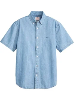 Chemise denim manches courtes en coton bleue ciel unie à coupe oversize