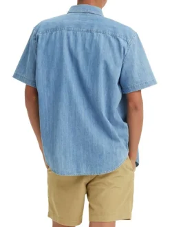 Chemise denim manches courtes en coton bleue ciel unie à coupe oversize